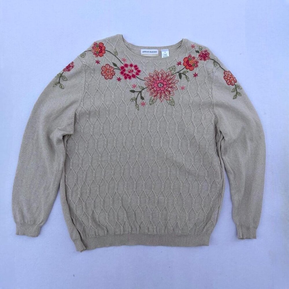 Alfred Dunner Tan Beige Floral Embroidered Knit Cotton Ramie Sweater Sz 2X Fall